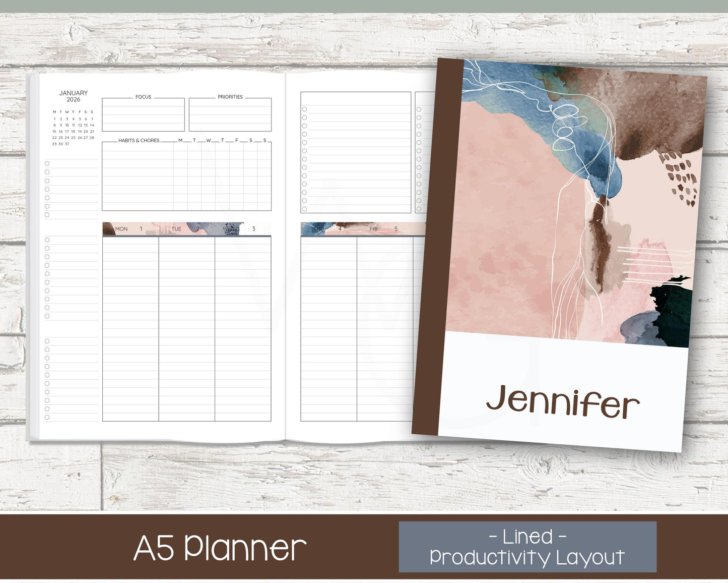 2026 Weekly Personalized Planner | Productivity Weekly Planner | Lined Layout | Blush & Ink