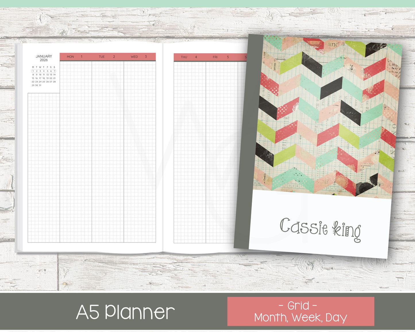 2026 Complete Personalized Planner | Month, Week, Day Planner | Grid Layout | Shabby Chevron
