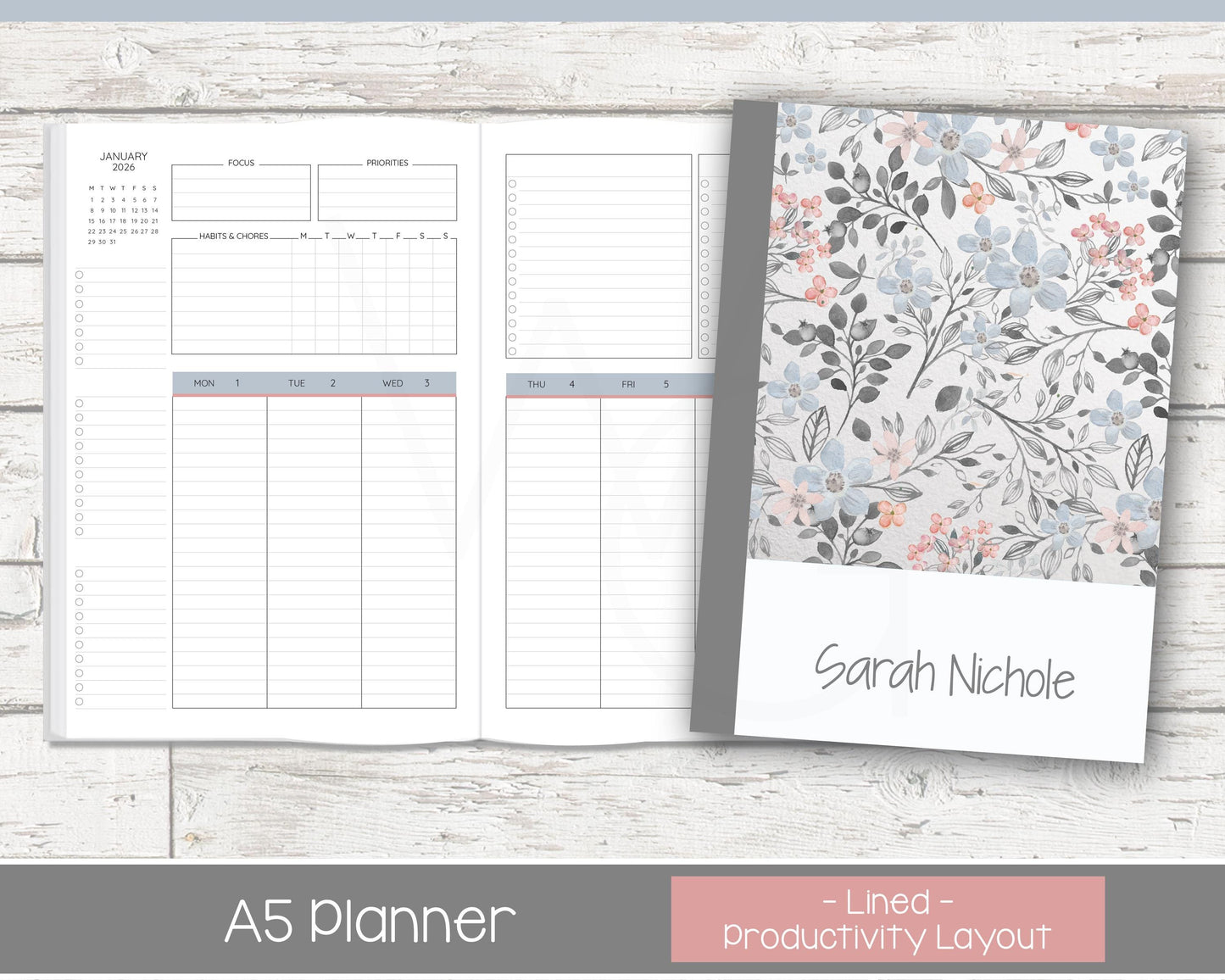 2026 Weekly Personalized Planner | Productivity Weekly Planner | Lined Layout | Vintage Blues