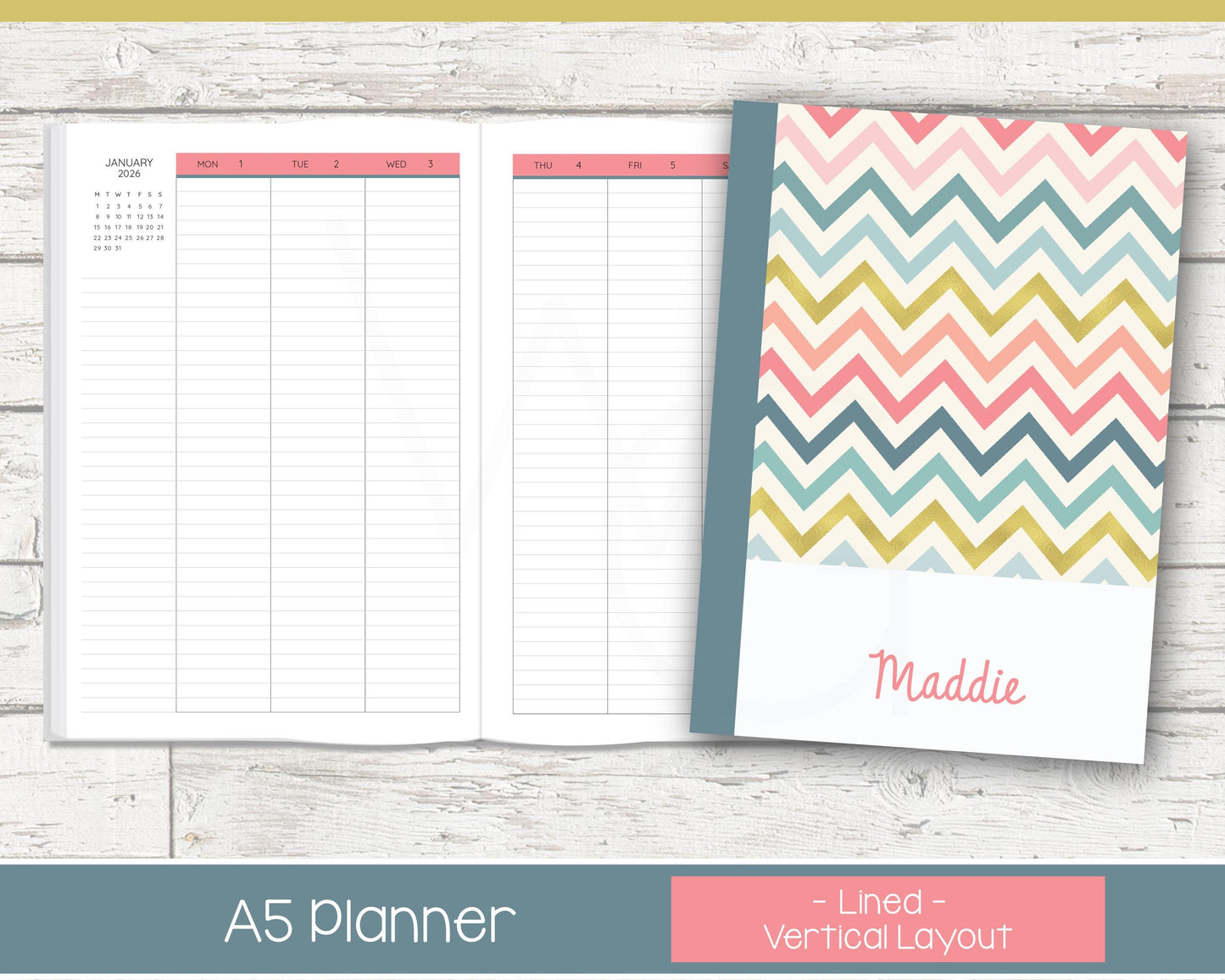 2026 Weekly Personalized Planner | Vertical Weekly Planner | Lined Layout | Chevron Rainbow