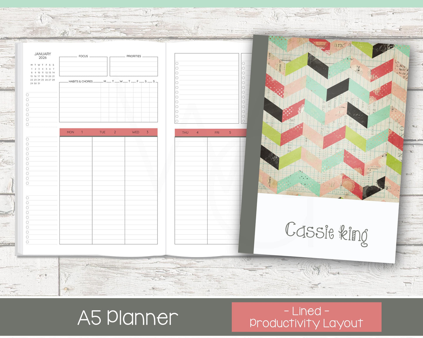 2026 Weekly Personalized Planner | Productivity Weekly Planner | Lined Layout | Shabby Chevron