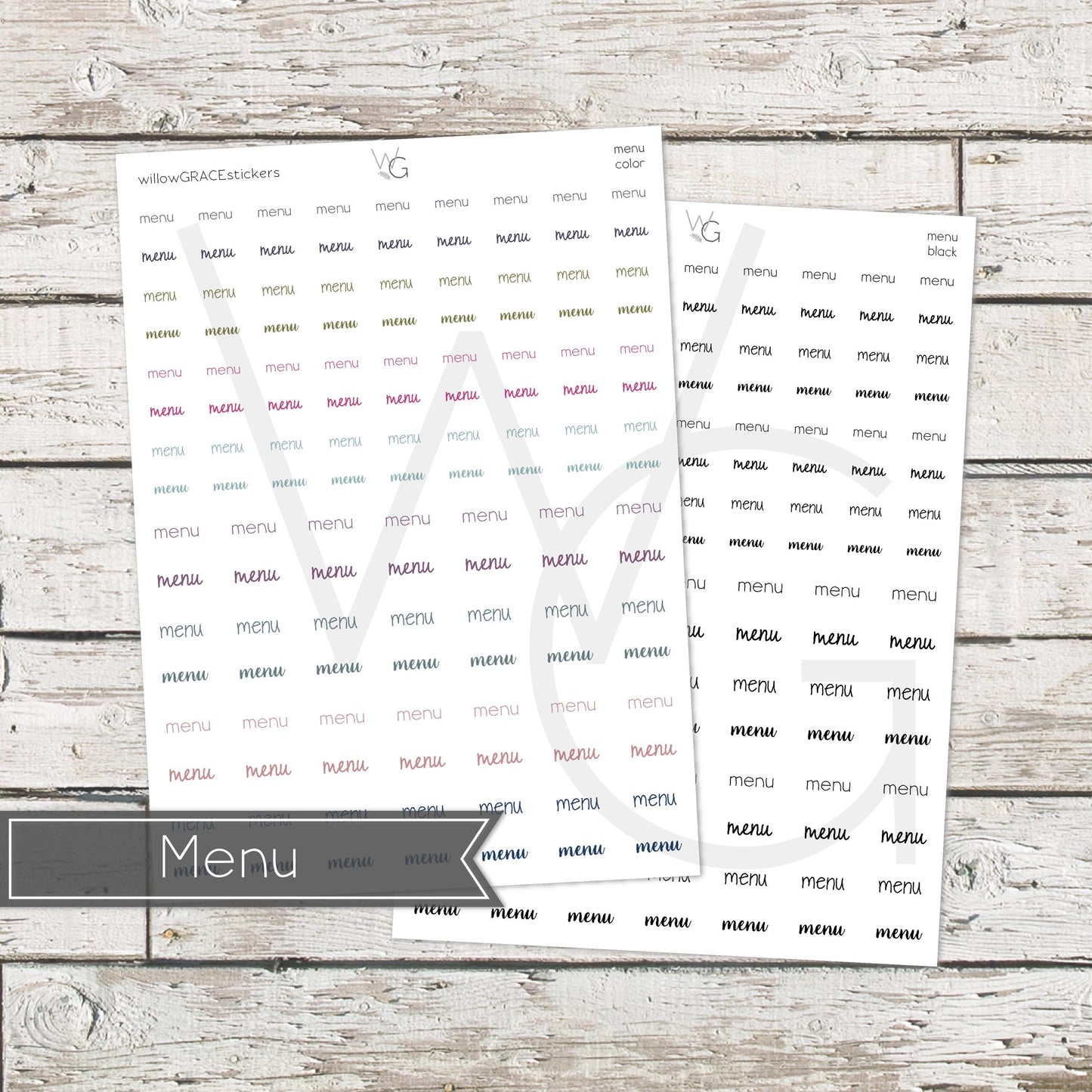 Menu • Word Stickers • Scripts Stickers • Planner Stickers
