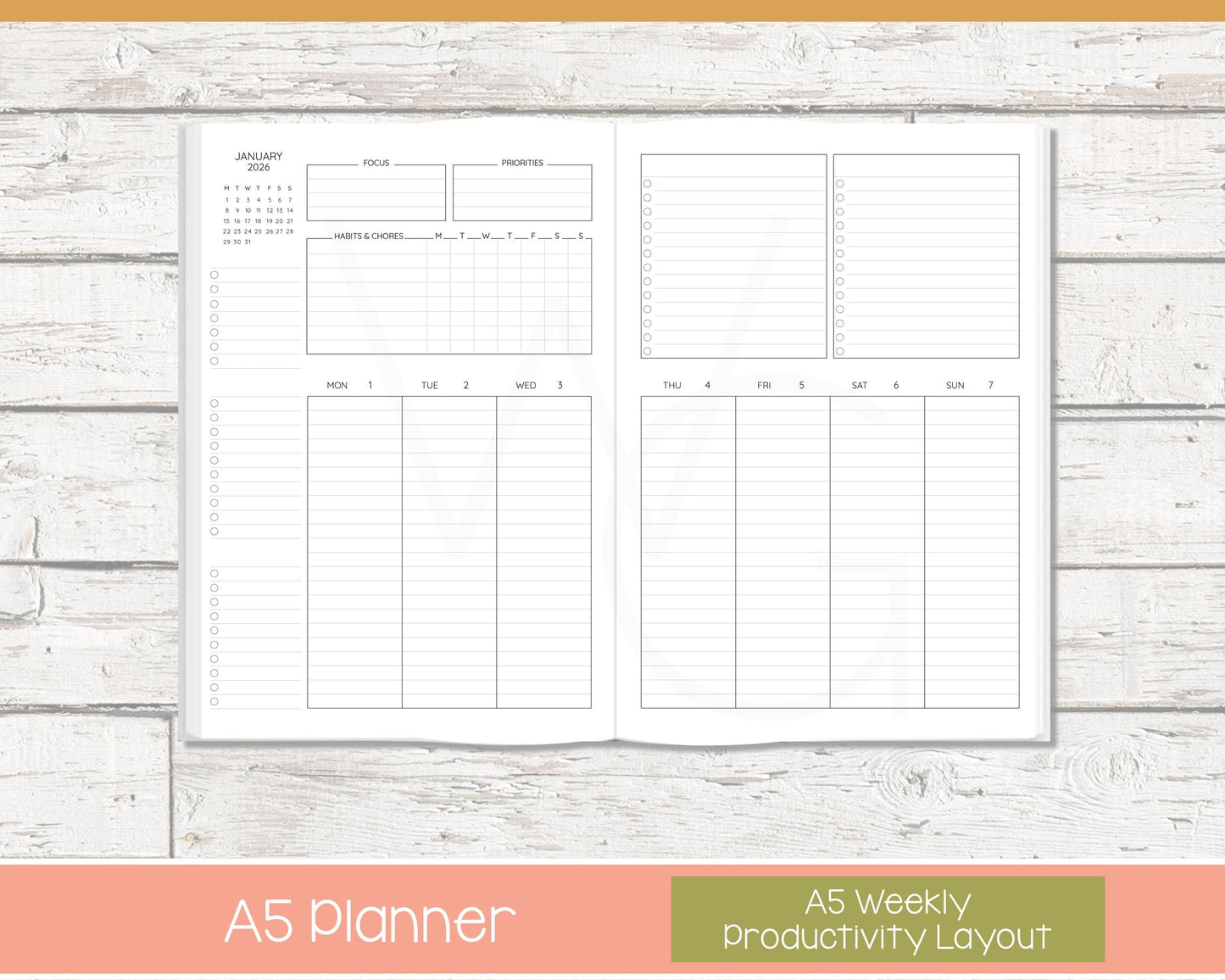 2026 Weekly Planner | Productivity Weekly Planner | Lined Layout - Black and White | Ready to Ship