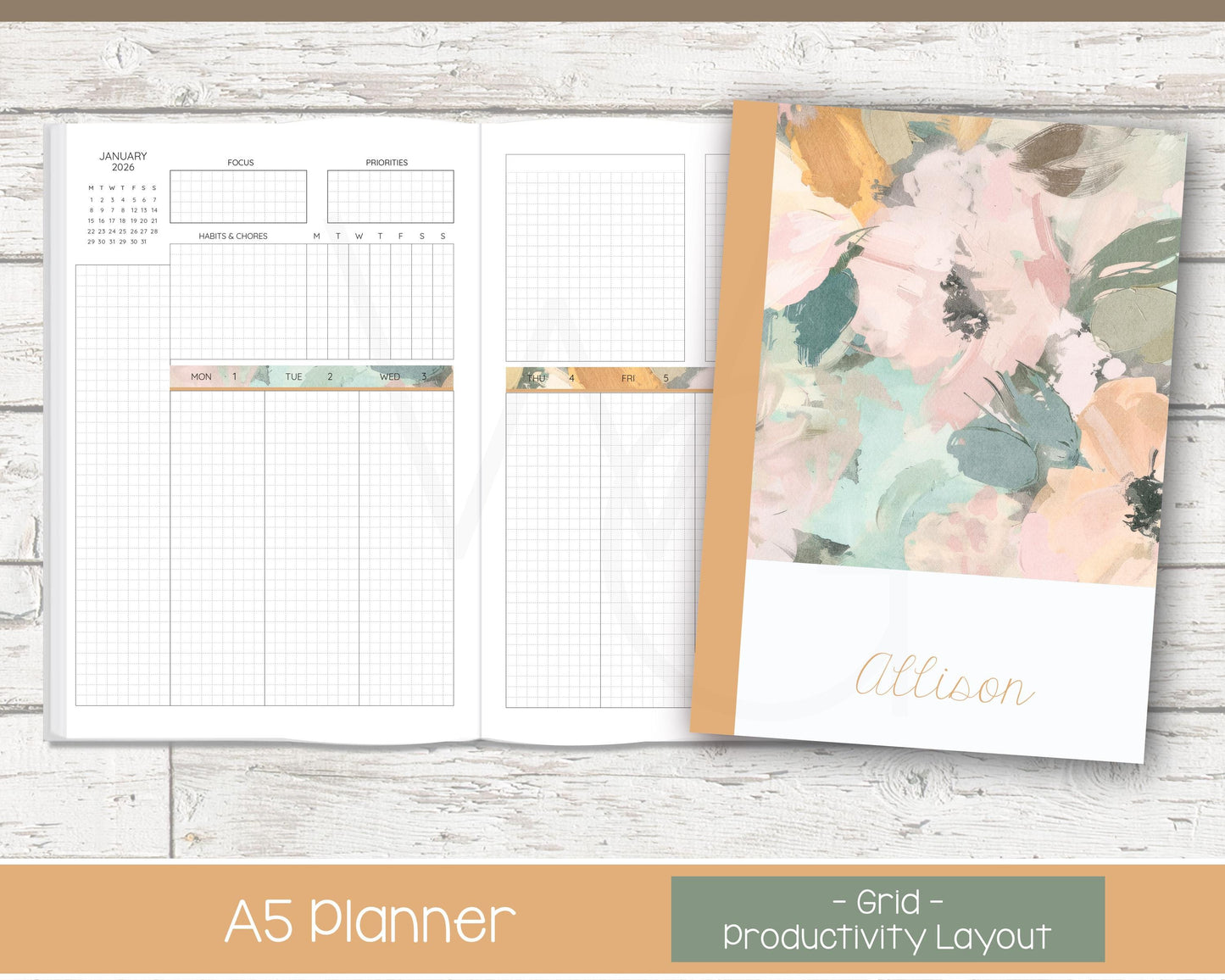 2026 Weekly Personalized Planner | Productivity Weekly Planner | Grid Layout | Bloom