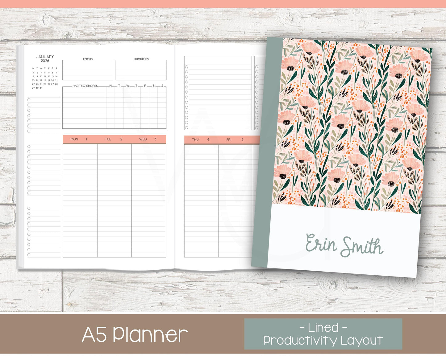 2026 Weekly Personalized Planner | Productivity Weekly Planner | Lined Layout | Cottage Bloom