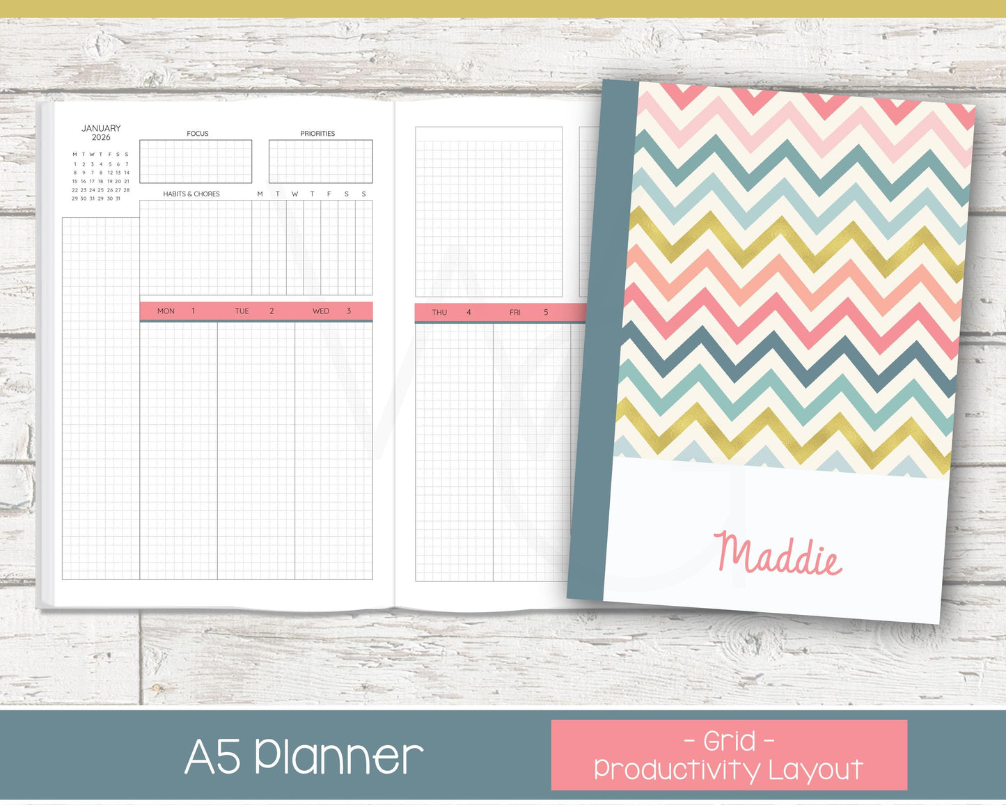 2026 Weekly Personalized Planner | Productivity Weekly Planner | Grid Layout | Chevron Rainbow