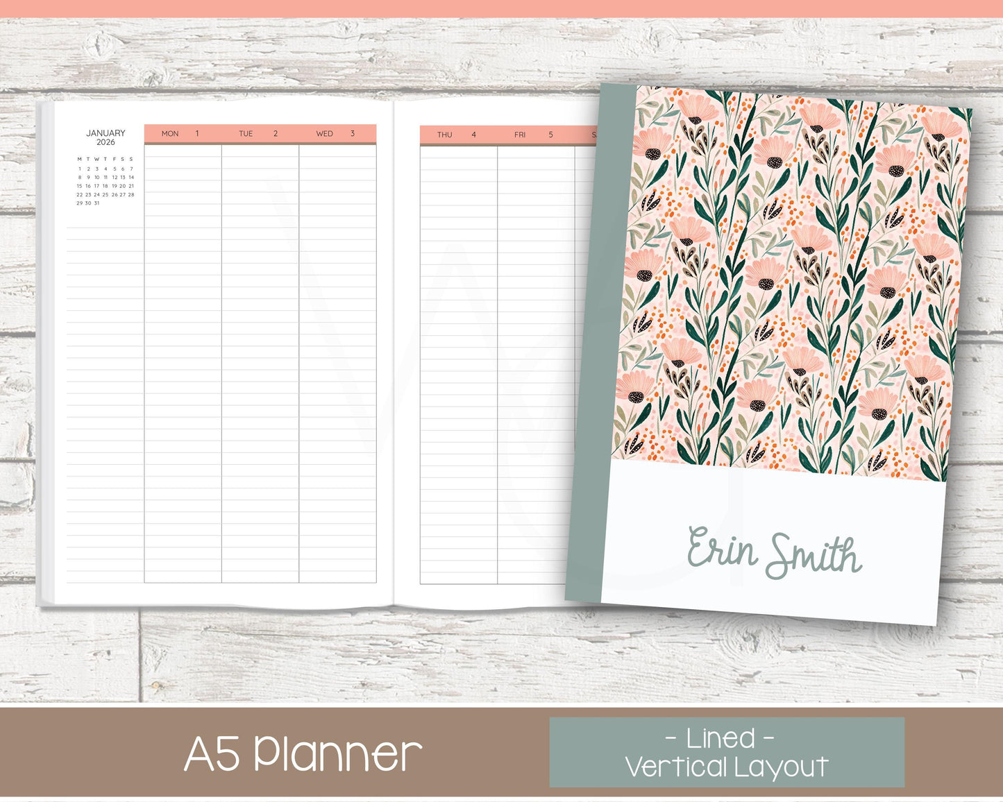 2026 Weekly Personalized Planner | Vertical Weekly Planner | Lined Layout | Cottage Bloom