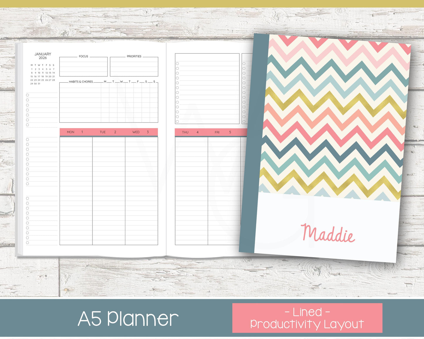 2026 Weekly Personalized Planner | Productivity Weekly Planner | Lined Layout | Chevron Rainbow