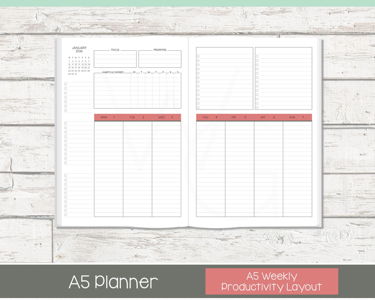2026 Weekly Personalized Planner | Productivity Weekly Planner | Lined Layout | Shabby Chevron