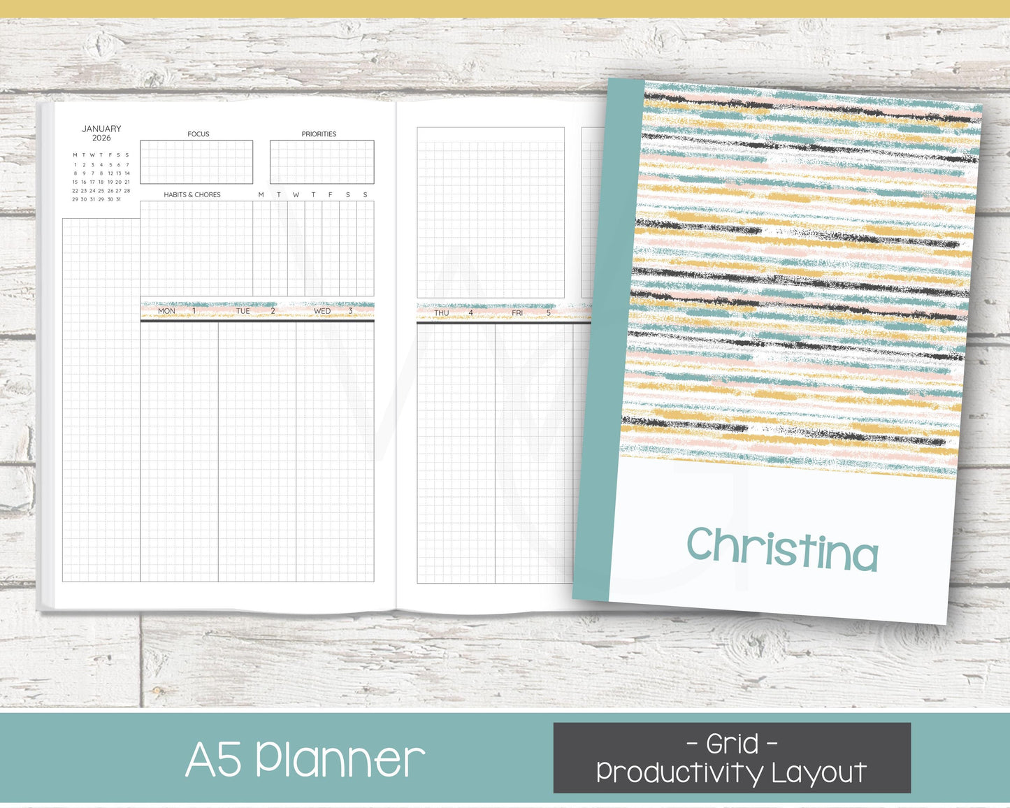 2026 Weekly Personalized Planner | Productivity Weekly Planner | Grid Layout | Reflections