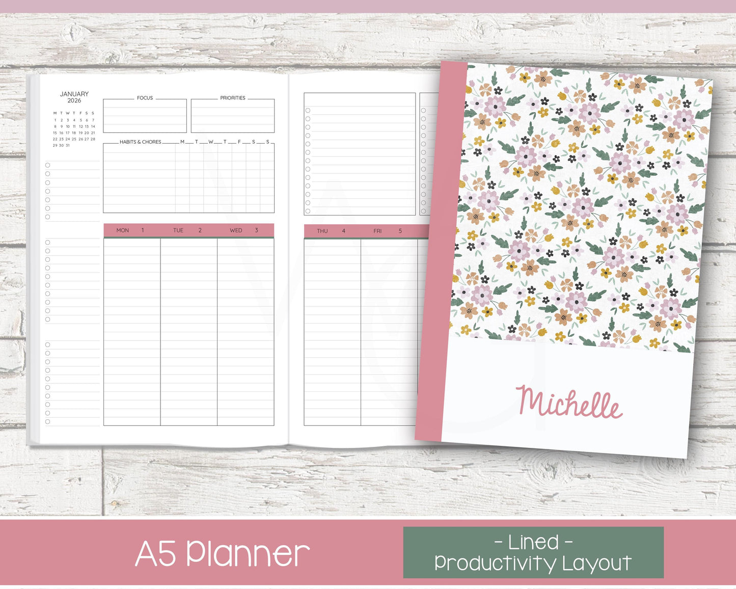 2026 Weekly Personalized Planner | Productivity Weekly Planner | Lined Layout | Petal Parade