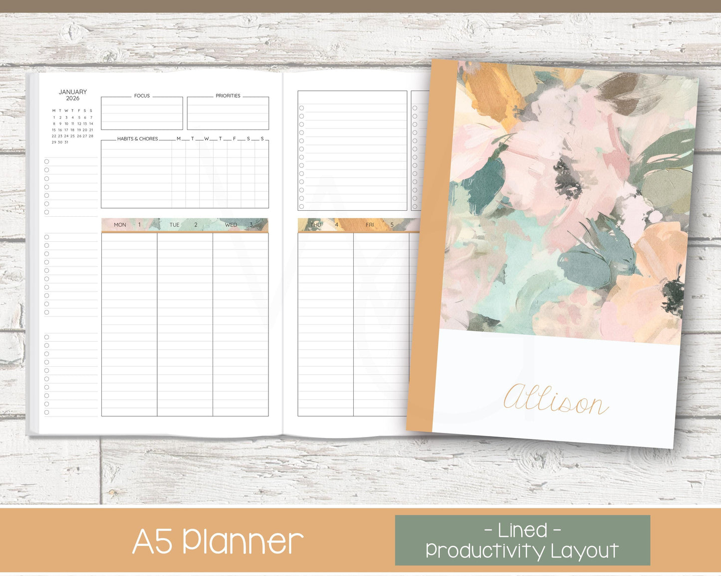 2026 Weekly Personalized Planner | Productivity Weekly Planner | Lined Layout | Bloom