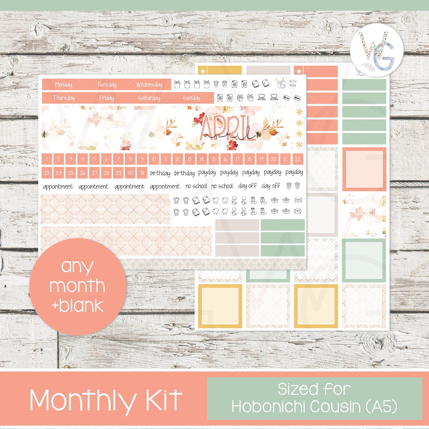 Hobonichi Cousin (A5) Monthly Planner Stickers β’ HM-103
