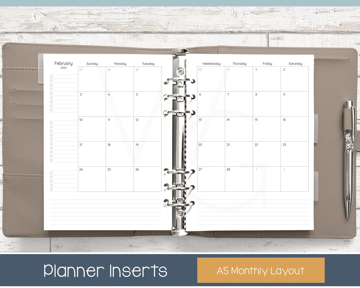 A5 Dated Planner Inserts • Weekly Horizontal Layout