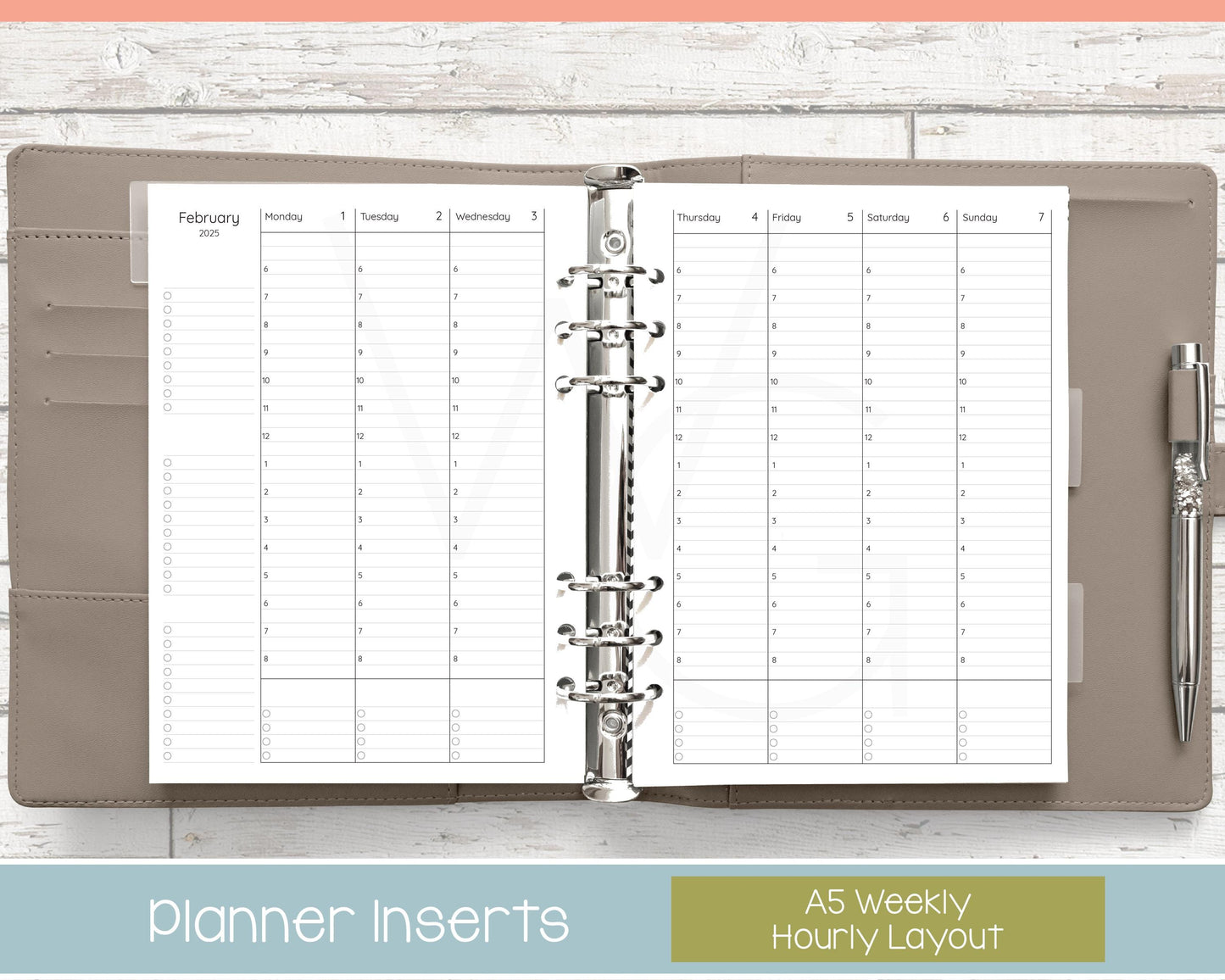 A5 Dated Planner Inserts • Weekly Hourly Layout